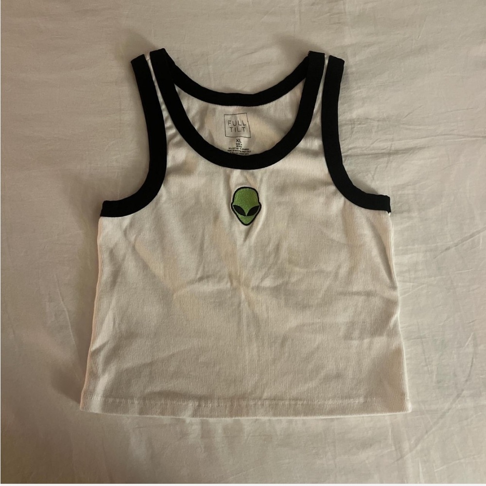 Full Tilt White Tank Top with Black Trim and Alien Patch